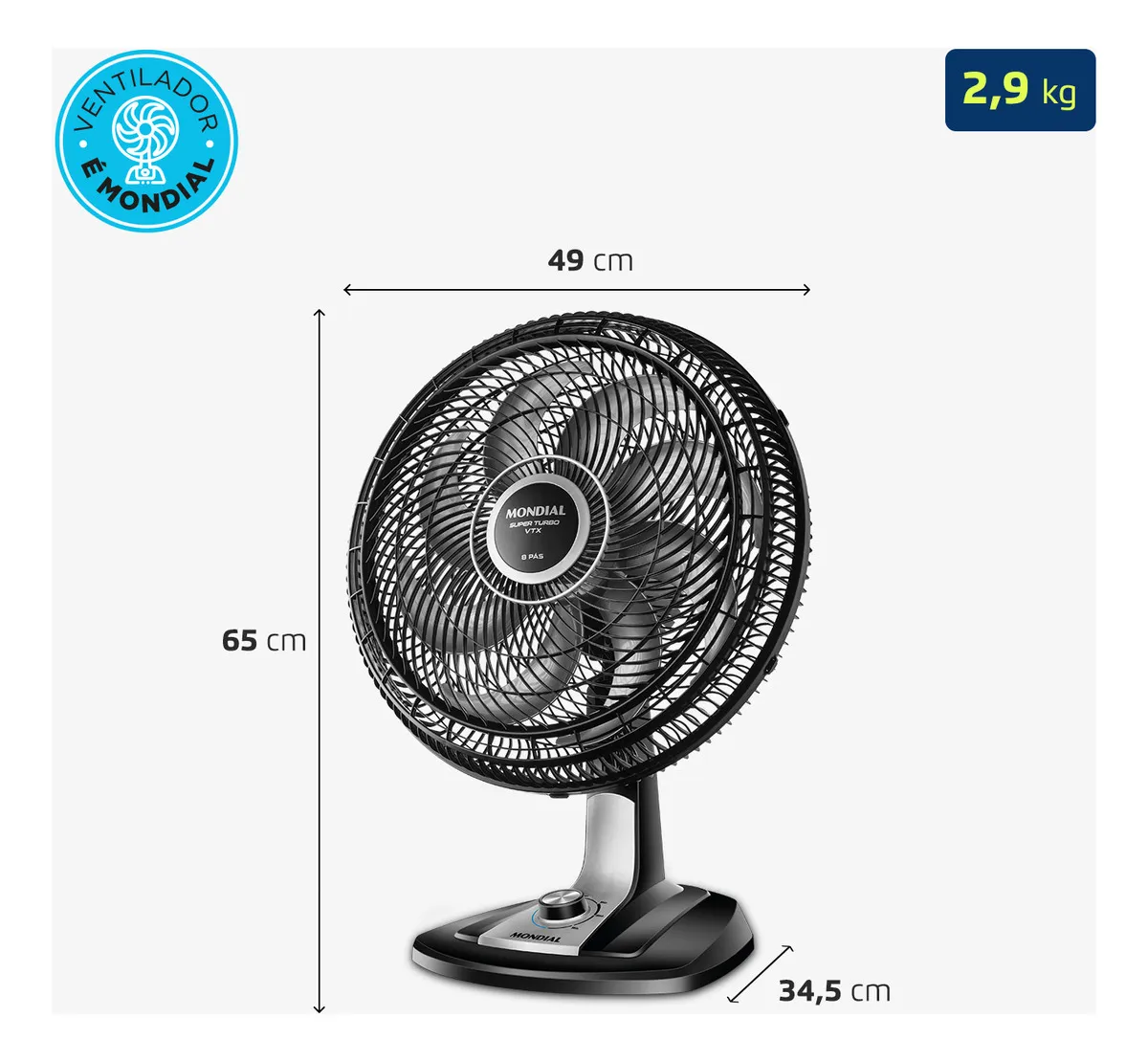 Dimensoes do ventilador: 49cm x 65cm x 34,5cm, 2,9kg